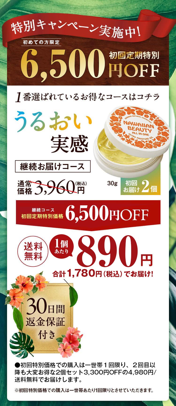 特別キャンペーン実施中！初めての方限定！初回定期特別50%OFF　送料無料1,980円(税込)　30日間返金保証付き